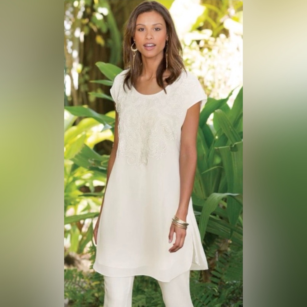 NEW Soft Surroundings Taj Tunic Top White/Cream XS Floral Appliqué Sheer Chiffon